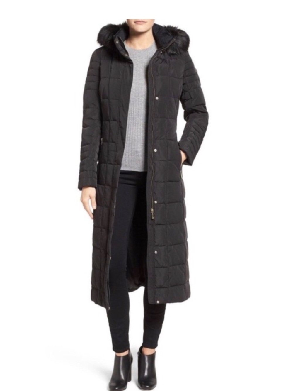 Calvin Klein Black Long Quilted Hooded Puffer Coat with Faux-Fur Trim